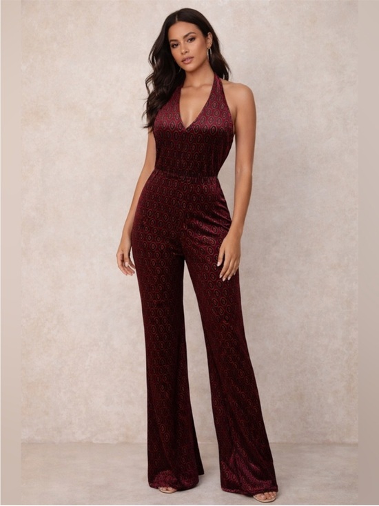 Motel Rocks Pants - Motel Rocks Moody Maroon Burgundy Metallic Halter Wide Leg Jumpsuit  70s Party